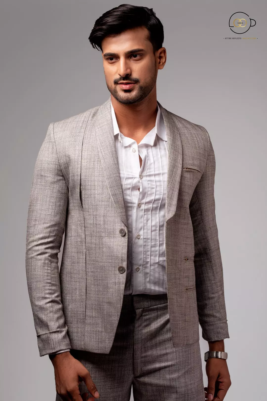 Slim Fit Grey Textured Suit By LOOP - Kouri Jewels's Trending Pujo Collection
