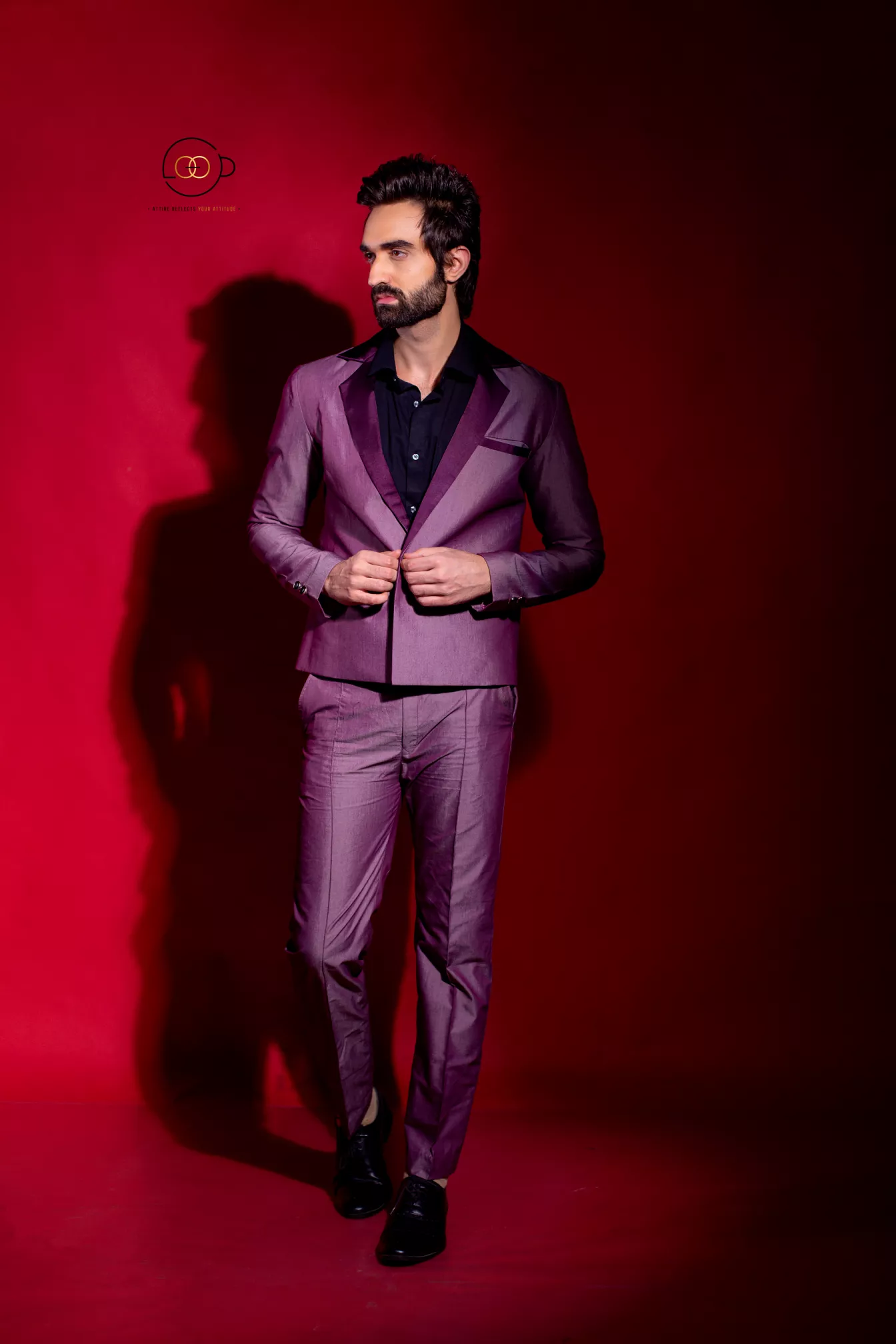 Purple Denim Blazer with Satin Collar with Suiting Trousers